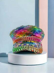 1pc Shiny Polyester Steampunk Rhinestone Captain Hat For Women & Men, Military Cap, Pirate Hat, Suitable For Halloween, Cosplay, Christmas, Bar, Bachelorette Party