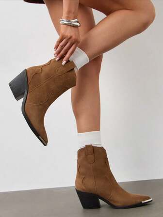 Fashion Women's Comfort Ankle Booties Brown Cowboy Western Boots Metal Heels Block Wide Calf Pointed Toe Slip On Casual Shoes