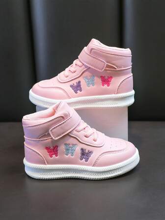 1双时尚新款婴儿高帮运动鞋，饰有可爱刺绣蝴蝶图案，保暖内衬，防滑橡胶鞋底，秋冬季休闲鞋。