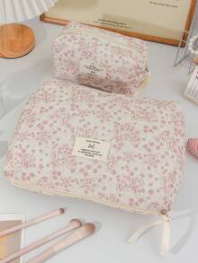 Pink Flower Pattern Cosmetics Storage Bag Soft Corduroy Makeup Bag Set Foam Quilted Home Items Storage Bag Large Capacity Travel Cosmetics Bag Set Retro Floral Print Makeup Handbag Portable Handheld Toiletry Bag Vintage Style Skincare Storage Bag Practical Makeup Brushes Organizer Bag - Pink - View 17