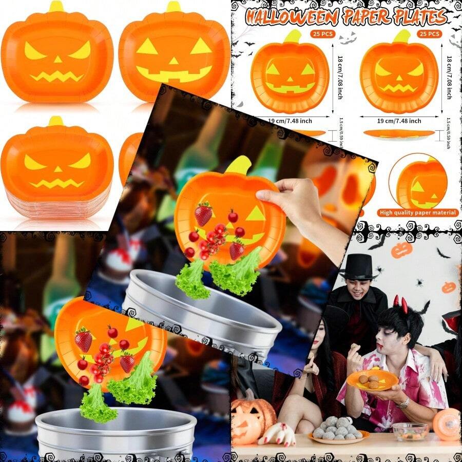 50 Pcs Halloween Paper Plates Pumpkin Shape Party Plates Halloween Party Supplies Spooky Disposable Tableware Decors For Appetizer Lunch Dinner Dessert Orange