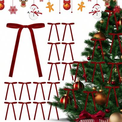 24pcs Velvet Bow Christmas Tree Decorations, Bowknot Wreath Ornaments, Christmas Hanging Decor, Christmas Gift Decorations