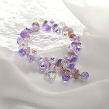 1pc Sparkling Double-Row Woven Purple Crystal Bracelet, Enchanting Aquamarine Iridescent Heart Charm Bracelet For Women