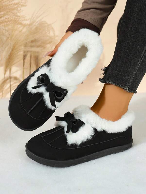 Women's Winter Black Warm Soft Thermal Lined Ankle Boots, Cute Bow Decor Faux Suede Upper Thick Sole Comfortable Non-Slip Casual Snow Boots