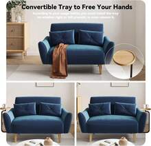 Loveseat Sofa, 47" Velvet Couch For Bedroom, Convertible Wooden Tray & Ergonomic Armrest, For Small Space, Apartment, Living Room, Home Office, Easy Assembly, Blue,24327504 - 藏蓝色 - 查看 5