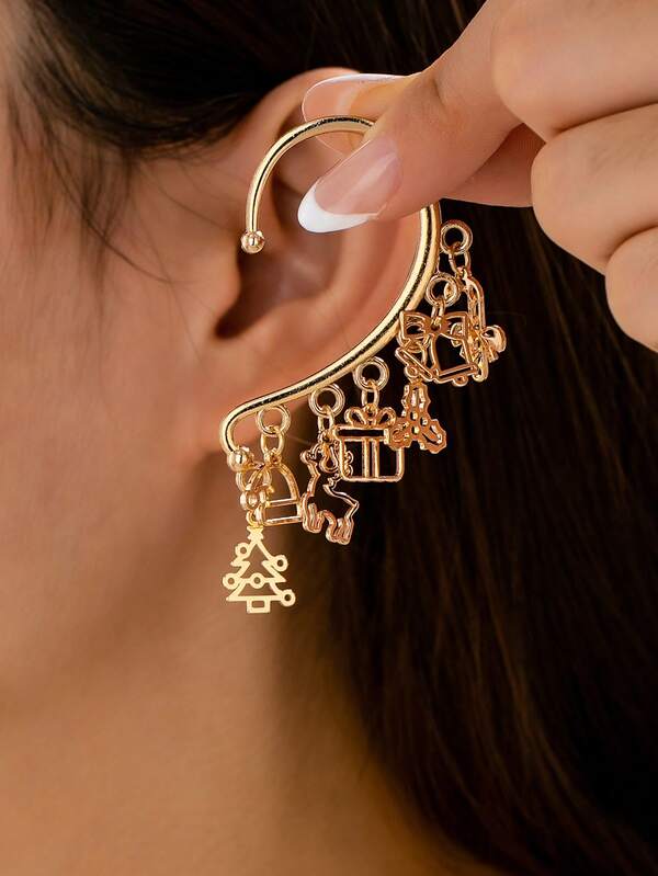 1 pieza Pendiente con dije de árbol de Navidad, bastón de caramelo y copo de nieve de temporada invernal, brazalete de oreja con tema navideño, regalo festivo de joyería para ella