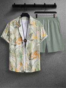Conjunto de dos piezas de camisa y pantalón corto de estilo vintage para hombre con estampados botánicos tropicales - Verde - Ver 2