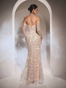 Đầm dạ hội sang trọng Astony, được trang trí bằng sequin, tua rua và ngọc trai, với thắt lưng xương cá, cổ tay áo đính sequin và chân váy đuôi cá quyến rũ. Thích hợp cho lễ hội hóa trang, đám cưới, lễ đính hôn, tiệc sang trọng, lễ hội âm nhạc và tiệc sinh nhật. - trắng - Xem 8