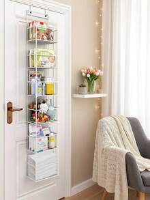 1入組可摺疊6格白色掛式收納袋,長度160公分,附有2個掛鉤,適用於廚房、浴室櫥櫃、門、零嘴、玩具、衣物包裝等用途,不需要鑽孔