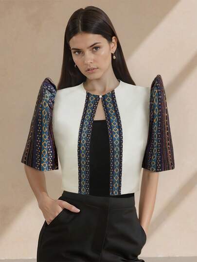 Amyenjoylife Modern Filipiniana 夏季女式休闲优雅拼接气质泡泡袖短袖上衣