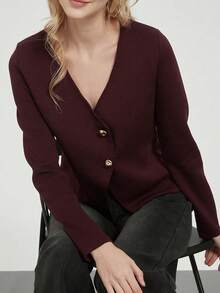 Áo len dài tay cổ chữ V tay dài Se-Helo dành cho nữ, kiểu dáng tối giản, thanh lịch, thích hợp cho công sở/học sinh, trang trí cúc kim loại, kiểu dáng ôm sát, đa năng, thích hợp cho mùa thu/đông. - Màu đỏ tím - Xem 2