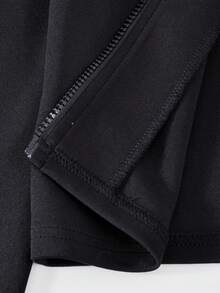 Black Polyester Stand Collar Jacket, Suitable For Teenage Girls, Regular Long Sleeve Black Zip-Up Jacket - Black - View 6