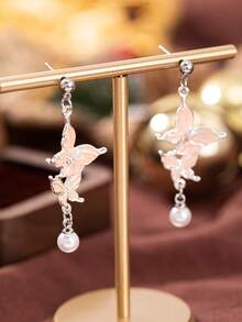 1 Pair Delicate Cute Pink Butterfly Pearl Pendant Earrings, Suitable For Christmas And Other Holidays Decoration, Christmas And Other Holidays Gift For Family And Girlfriend