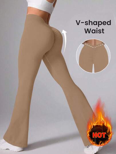 Speed mate 女士喇叭形瑜伽裤，褶皱细节设计 - 高腰保暖紧身裤，冬季防走光运动裤