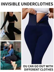 1 buc. Pantaloni de yoga cu talie înaltă, mărime plus, cu nasture, talie subțire, versatili pentru sport, ținute casual și straturi, potriviți pentru primăvară, vară, toamnă, iarnă - Albastru marin - Vizualizare 3