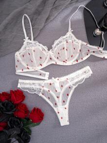 1 Conjunto de lencería cómoda para mujer con estampado de fresa blanca, encaje y lazo, con aros - Blanco - Ver 3