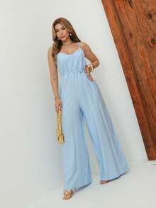 A&DD MODA, REF: Y492 Elegant Women's Jumpsuit With Suspenders, Adjustable Straps And Side Pockets, Casual And Sophisticated Modeling, Uncomplicated And Chic Look, Women's Jumpsuit Tailored For All Occasions, Modern And Comfortable Style - 淺藍色 - 查看 3