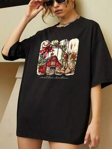 Camiseta con gráfico de granero y botas navideñas vintage, camiseta de mujer de moda con un estampado campestre festivo, mezcla de algodón cómoda, perfecta para la alegría festiva y el estilo informal, es un regalo de Navidad ideal, de gran tamaño - Negro - Ver 1