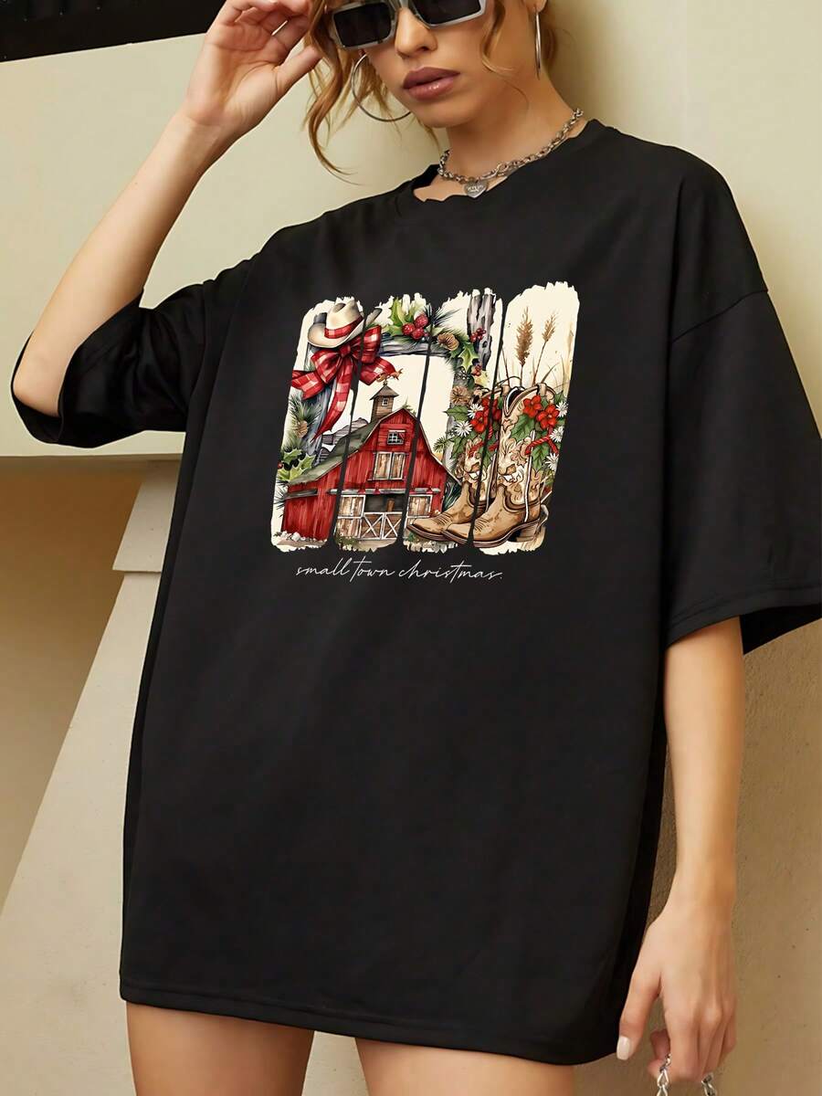 Camiseta con gráfico de granero y botas navideñas vintage, camiseta de mujer de moda con un estampado campestre festivo, mezcla de algodón cómoda, perfecta para la alegría festiva y el estilo informal, es un regalo de Navidad ideal, de gran tamaño - Negro - Ver 1