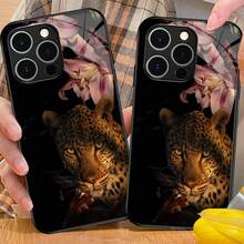 1pc Elegant Leopard & Lily Flower Pattern Glass Material Phone Case, High-End Chic, Compatible With Iphone, Tempered Glass Material - Black - View 3