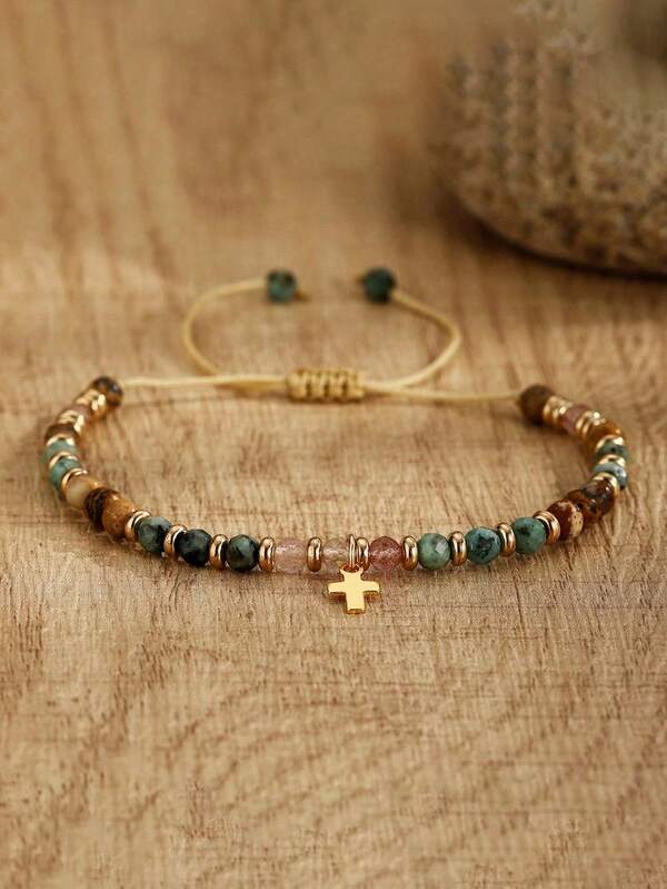 Pulsera ajustable de estilo boho chic con cuentas de piedras preciosas naturales y colgante de cruz dorada - Cuentas de piedras de colores, cordón trenzado, estilo vintage, regalo perfecto de Pascua para mujeres