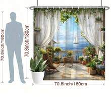 1PCS Coastal Scenery Shower Curtain Ocean View With Sailboats And Greenery Beautiful Outdoor Landscape Bathroom Decor Polyester Fabric Bath Curtain 70.8x70.8 Inch With 12 Hooks - 彩色 - 查看 3
