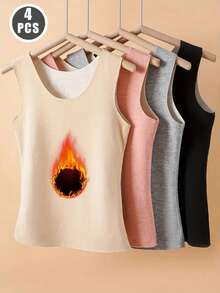 4pcs Women'S Seamless Thermal Tank Tops - Sleeveless, Double-Sided Brushed Solid Color, For Inner Wear As A Base Layer, With A Slim Round Neck,, Stretchy & Soft Chalecos Para Mujer Invierno For Winter Warmth - 彩色 - 查看 6