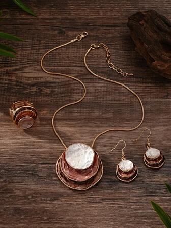 1 件项链 1 对耳环 1 枚戒指复古时尚棕色圆形锌合金首饰套装优雅复古手工珐琅几何链条首饰套装适合女士、秋冬首饰、圣诞礼物、感恩节礼物，适合送给妈妈、家人和朋友