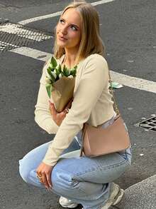 Fashionable Street Style Button-Up Cardigan, Solid Color Slim Fit Long Sleeve Top Spring - Apricot - View 3