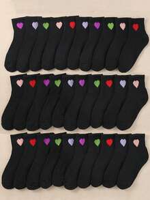 20 Pairs Heart Embroidered Kids Ankle Socks - Boys & Girls Casual Valentine's Day Socks, Black And Other Colors - Black - View 1