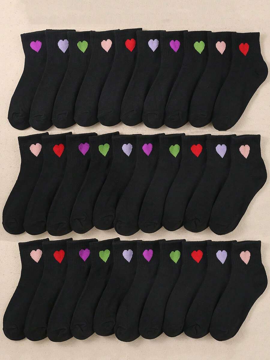 20 Pairs Heart Embroidered Kids Ankle Socks - Boys & Girls Casual Valentine's Day Socks, Black And Other Colors - Black - View 1