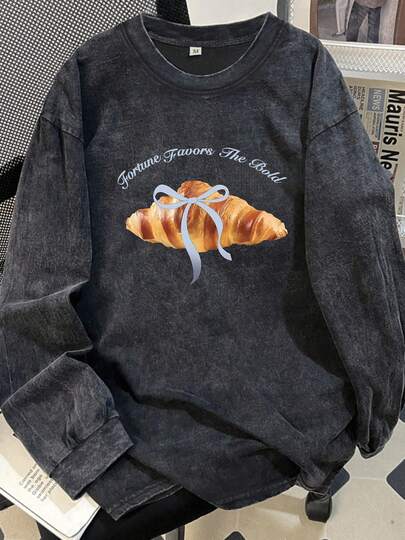 Croissant Print, Korean Fashion, Long Sleeve Top, Solid Color T-Shirt, Women's T-Shirt, Women's Apparel, Y2K Top, Autumn/Winter Clothing, Printed T-Shirt, Interesting T-Shirt, Women's Autumn Apparel, T-Shirt, Korean Autumn Wear, Autumn Sleeve Tops, Women's Fashion, Women's Long T-Shirt, Autumn, Long Sleeve, Long Sleeve T-Shirt