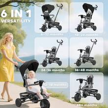 QABA Toddler Tricycle, 6 In 1 Foldable Kids Trike With Adjustable Push Handle, Removable Canopy, Rotatable Seat, Safety Harness, Detachable Guardrail, For 1-5 Years Old, Black - 黑色 - 查看 10