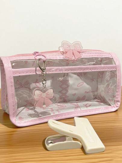 1pc Bowknot Transparent Pencil Case With PP Clip And Pendant, Simple Large Capacity Storage Box, Desktop Storage Pencil Case, Transparent Style Can Quickly Find The Tools You Need, Back To School, Study Supplies