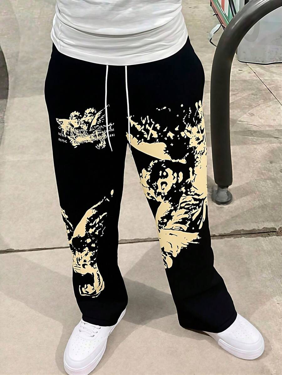 男士街头涂鸦嘻哈天使印花直筒宽松休闲喇叭裤，抽绳腰侧口袋直筒宽松休闲黑色运动裤，适合外出街头穿着的男士长款运动裤，适合丈夫、男朋友的礼物，适合狂欢派对、返校季、emo、2000 年代风格