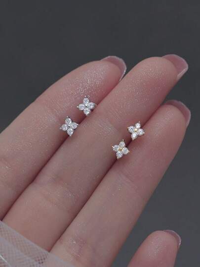 S925 Sterling Silver 18K Gold Mini Four-Leaf Clover Earrings, Sweet & Fresh Meteor Tassel Design For Women