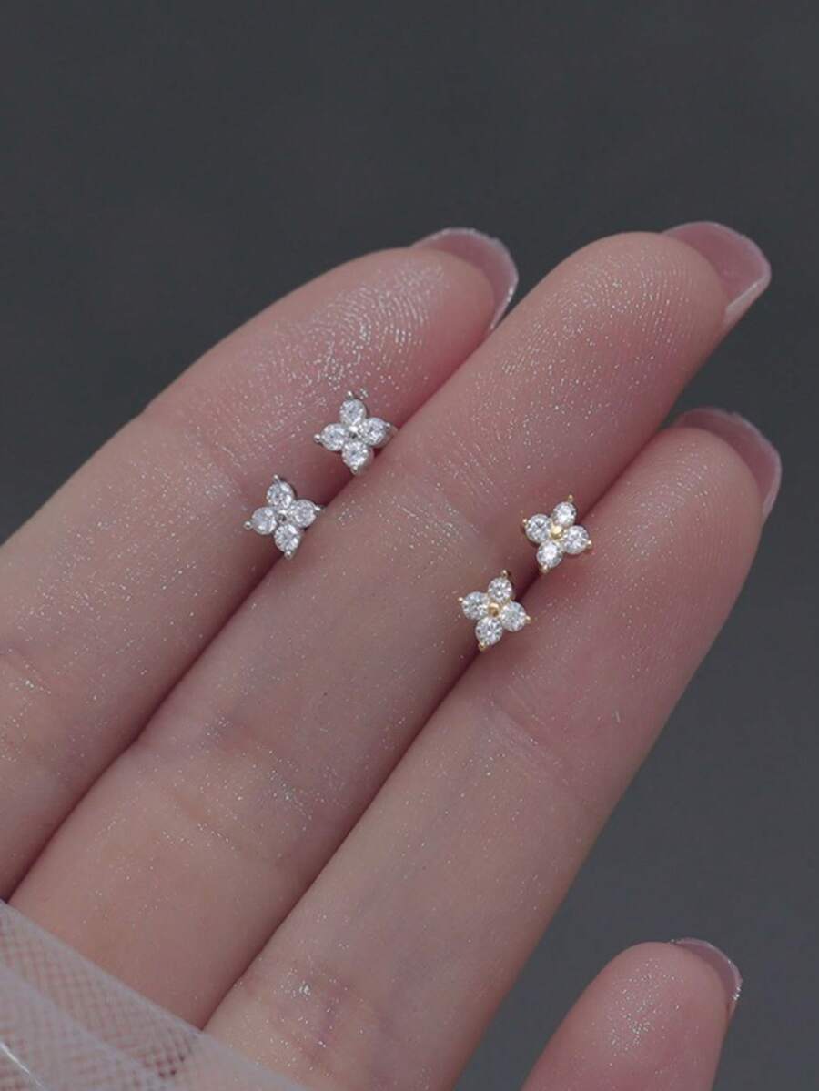 S925 Sterling Silver 18K Gold Mini Four-Leaf Clover Earrings, Sweet & Fresh Meteor Tassel Design For Women