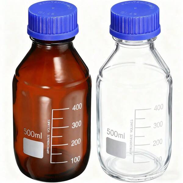 2 peças, garrafas de vidro para armazenamento de 500 ml, garrafas de vidro borossilicato, com tampas de rosca azuis GL45, garrafas de laboratório marcadas, garrafas redondas para amostragem de cor âmbar e transparente, seladas e à prova de vazamentos, resistentes ao calor