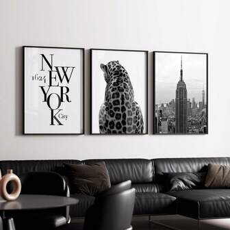 1/3 件套无框黑白时尚墙面艺术套装，斯德哥尔摩现代美学与 Y2K 豹纹印花，别致的公寓装饰，适合客厅卧室宿舍，极简主义斯堪的纳维亚海报系列，Funkyposters 卧室装饰