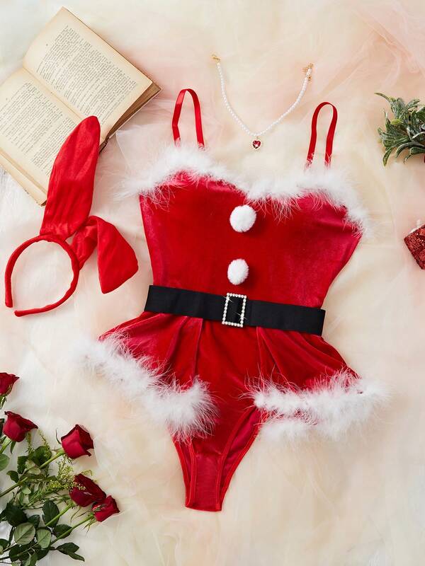3pcs/Set Women's Red Fuzzy Velvet Bodysuit With Furry Waist Belt, SexySpaghetti Strapr Romper For Christmas Bunny Role Play, Outdoor Party, Music Festival