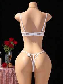 Romantic White See-Through Mesh Fabric ,2pcs/Set Women's Mesh Embroidered Lingerie Set, Comfortable Fit, Novelty & More Clothing, Sexy Intimates Bra & Thong For Women, Spaghetti Straps, Alluring, Perfect For Romantic Nights - 白色 - 查看 2