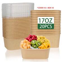 100/40/20 个装 17 盎司方形一次性牛皮纸午餐盒，带盖，多用途沙拉盒，翻盖设计，无涂层，可微波炉加热 - 适用于餐饮服务、居家露营和户外用餐、备餐、食品储存、微波炉适用 - 午餐盒，家庭厨师