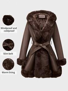 Giolshon Women's PU Leather Jacket With Faux Fur Lining, Hood And Belt - Minimalist & Fashionable, Suitable For Autumn/Winter - Chocolate Brown - View 1