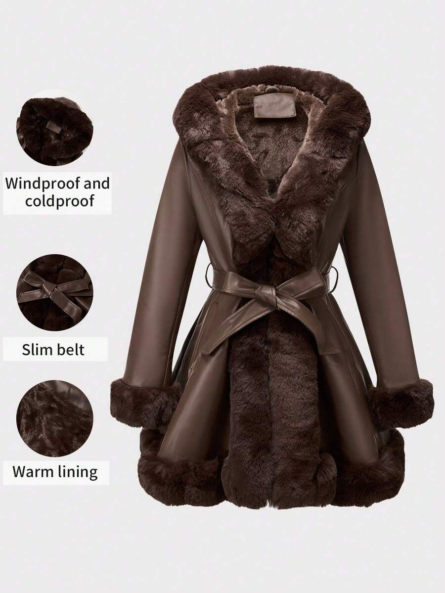 Giolshon Women's PU Leather Jacket With Faux Fur Lining, Hood And Belt - Minimalist & Fashionable, Suitable For Autumn/Winter - Chocolate Brown - View 1