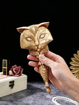 1pc Resin Fox Shaped Decorative Makeup Mirror, Handheld Vanity Mirror, Tabletop Decor For Living Room, Study, Bedroom, Parties, Gifts