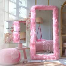 Full Length Mirror Free Standing Furry Faux Fur Framed Full Body Floor Mirror Wall Mounted Leaning Hanging Wall For Bedroom Hallway Entrance, 63"X24", Pink,24331417,Selfie Mirror, Apartment Friendly - 玫紅色 - 查看 2
