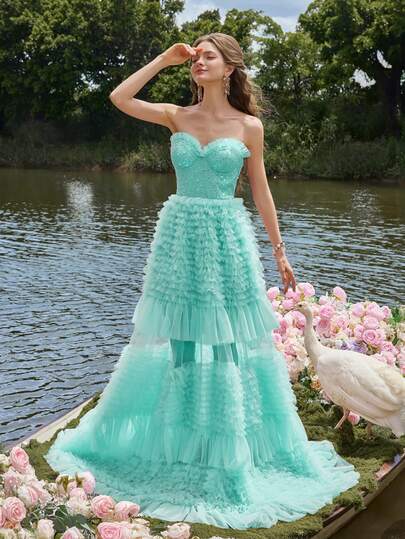 Faeriesty Luxe Gorgeous Strapless Sweetheart Neckline Evening Gown With Sparkling Beading Embellishments, Multi-Layered Tulle Skirt | Perfect For Garden Weddings, Forest Receptions, Intimate Date Nights, And Elegant Evening Parties