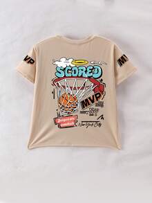 男童篮球标语印花圆领T恤，夏季青少年柔软休闲T恤 - 杏色 - 查看 2