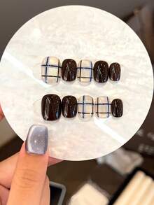 10PCS Pure Handmade Wearable Nail, Simple And Cute Blue Checkered Black Cat Eye Short Style, Suitable For Daily Wear By Women And Girls, Square Short Nails For Parties And Gatherings, With Free Nail Accessories Such As Jelly Glue And Rubbing Strips. [Essential Nail Art For Autumn And Winter]