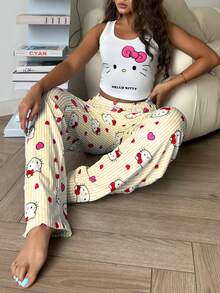 Sanrio 2 Peças Conjunto de Pijama Feminino com Regata Cropped Estampada da Hello Kitty e Calça de Cintura Elástica, Natal